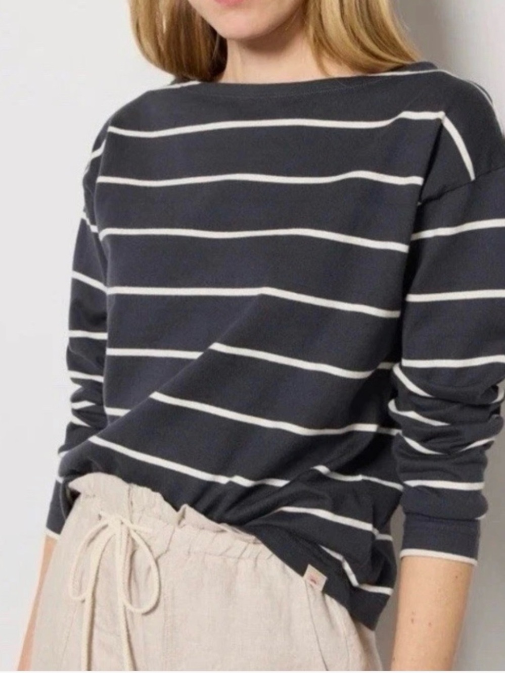 Faherty Charcoal and Cream Striped Boatneck Sweater